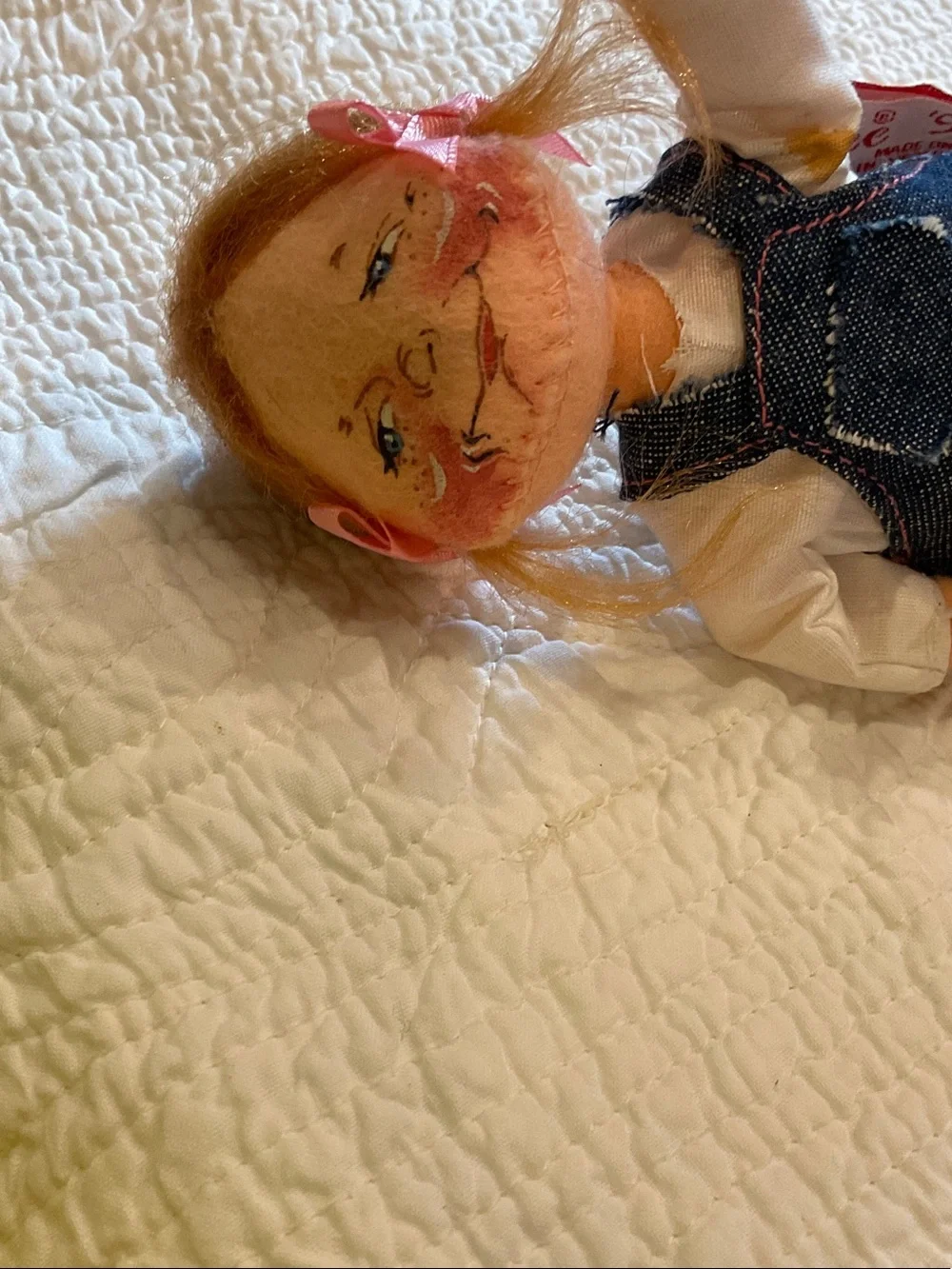 Annalee Doll with Pink Bows, Blonde Hair and Denim Dress